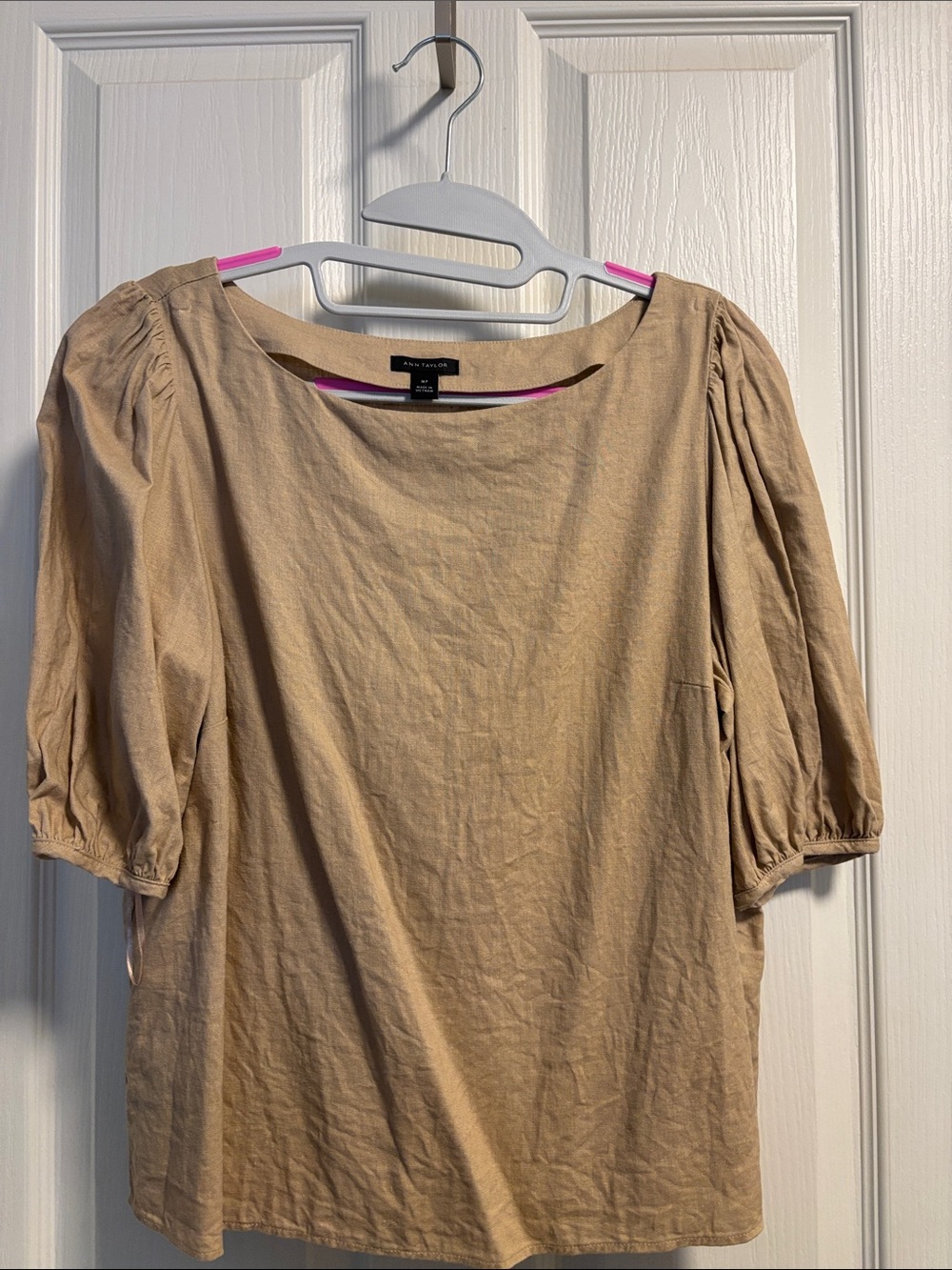 Ann Taylor Neutral Beige Puff-Sleeve linen Tunic Top